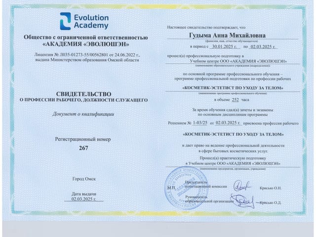 Сертификат мастера ANET LASER